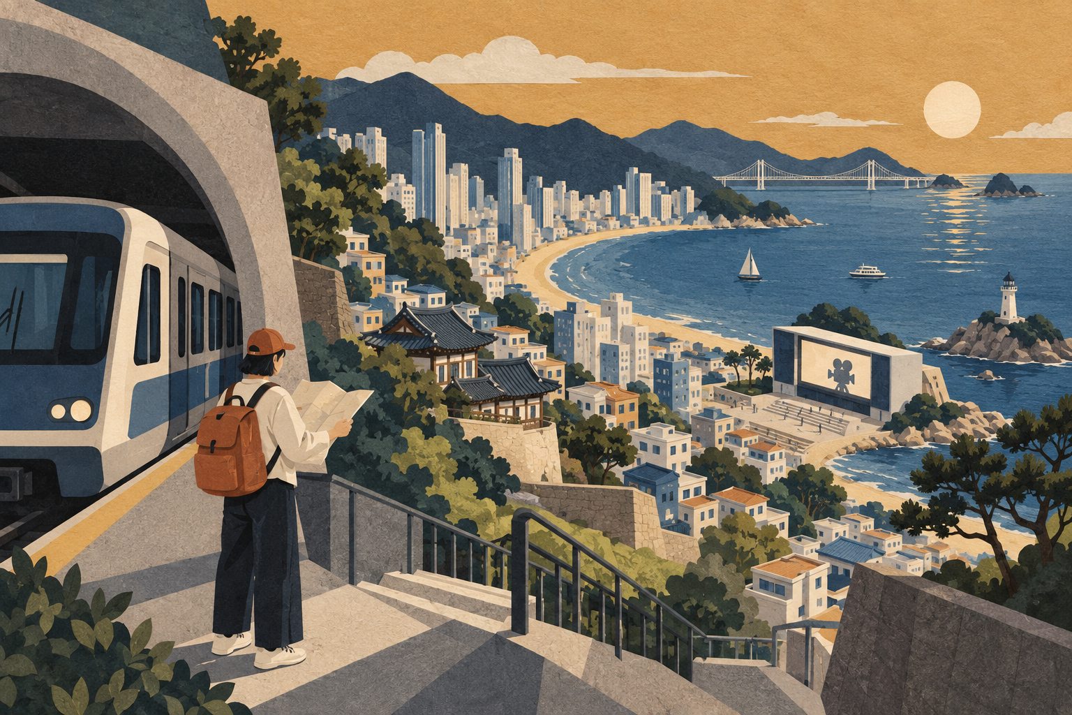 交通と映画鑑賞を組み合わせる韓国旅行のイメージ（AI参考イラスト）