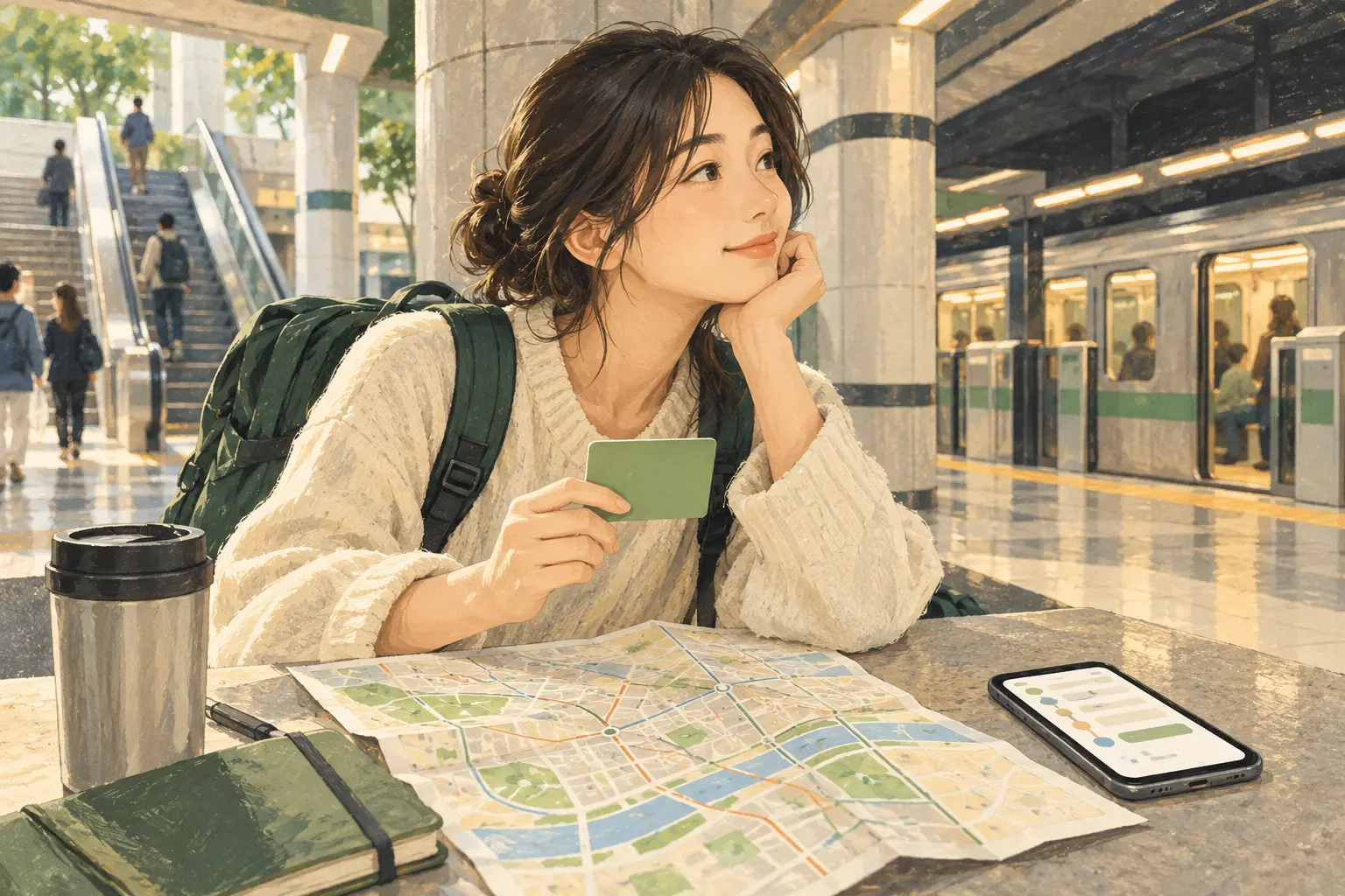 ソウル地下鉄駅で交通カードと地図を手に旅程を考える旅行者の説明用イラスト