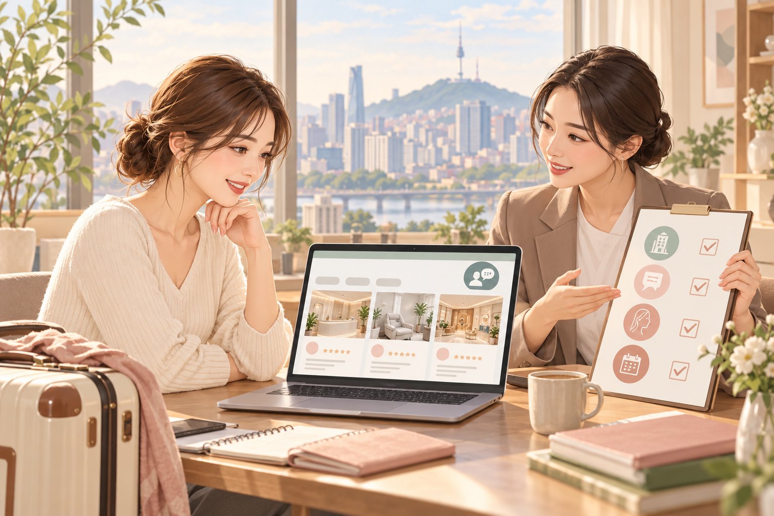 日本語で相談できる韓国の美容クリニックを探す旅行者の説明用生成イラスト