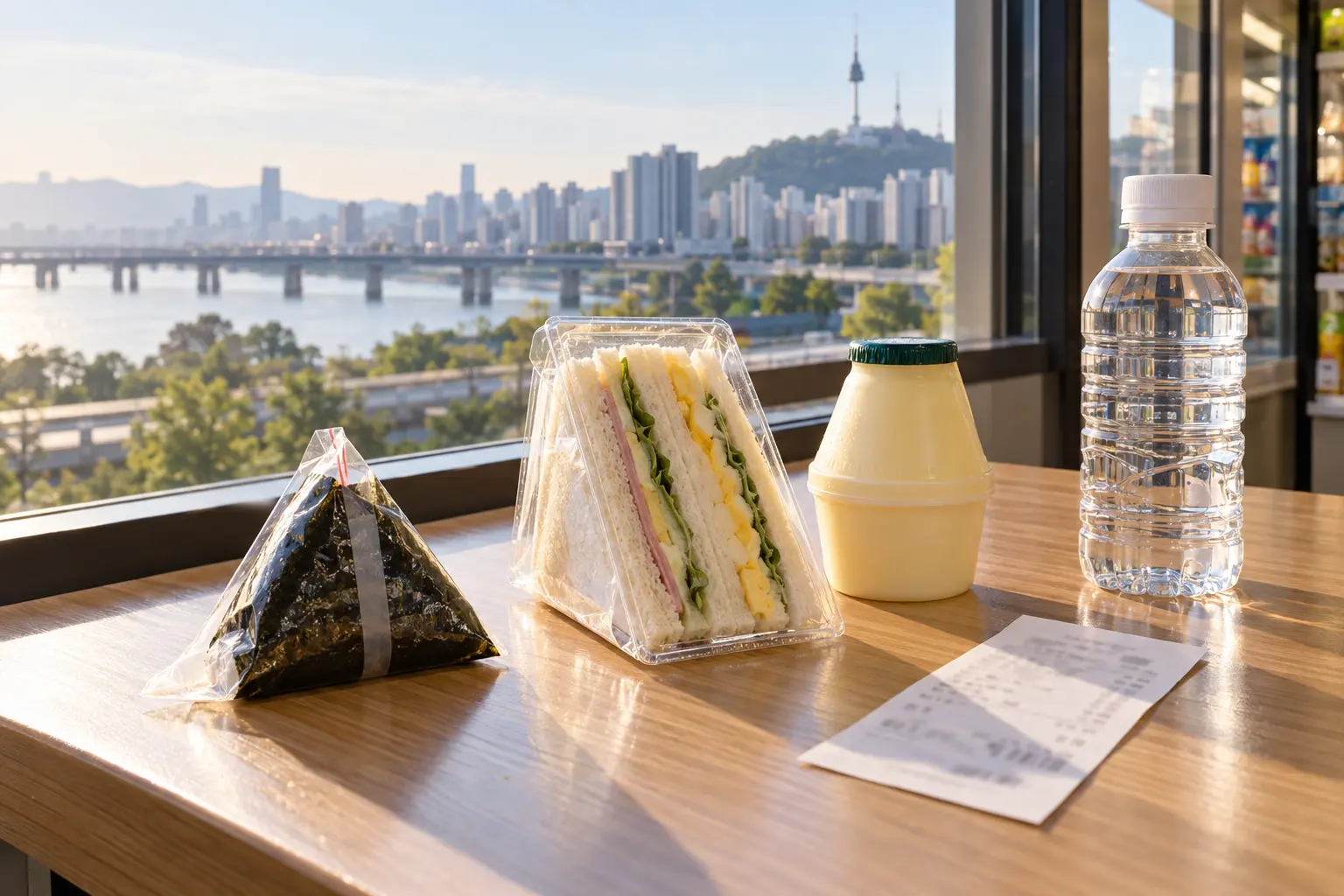 韓国コンビニの朝食を選ぶ場面のAI説明用イメージ