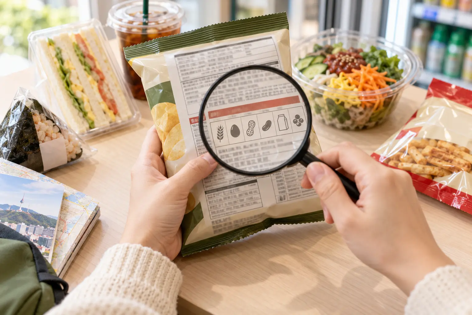 韓国の包装食品で原材料名とアレルギー表示欄を確認する説明用イラスト