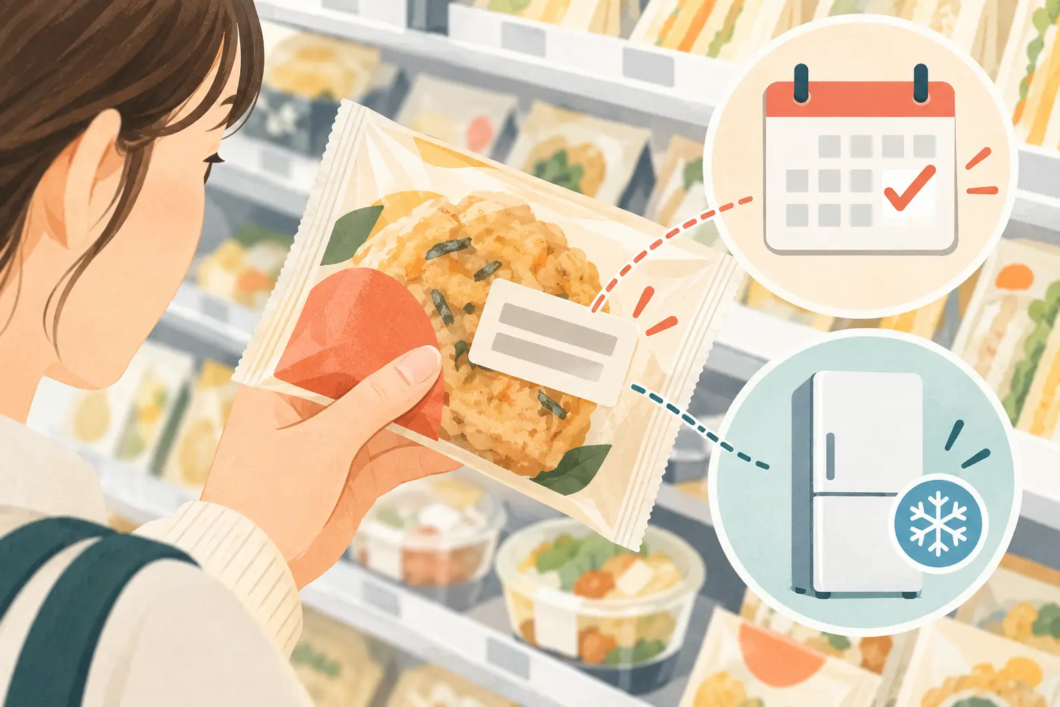 韓国食品の消費期限表示と保管条件を確認する説明用イラスト