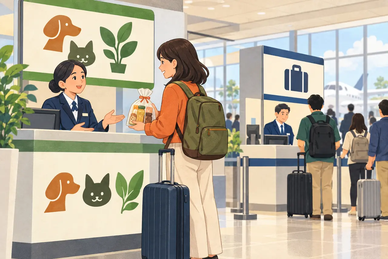 日本到着後に税関手続きの前に動物検疫・植物検疫カウンターへ進む流れの説明用イラスト