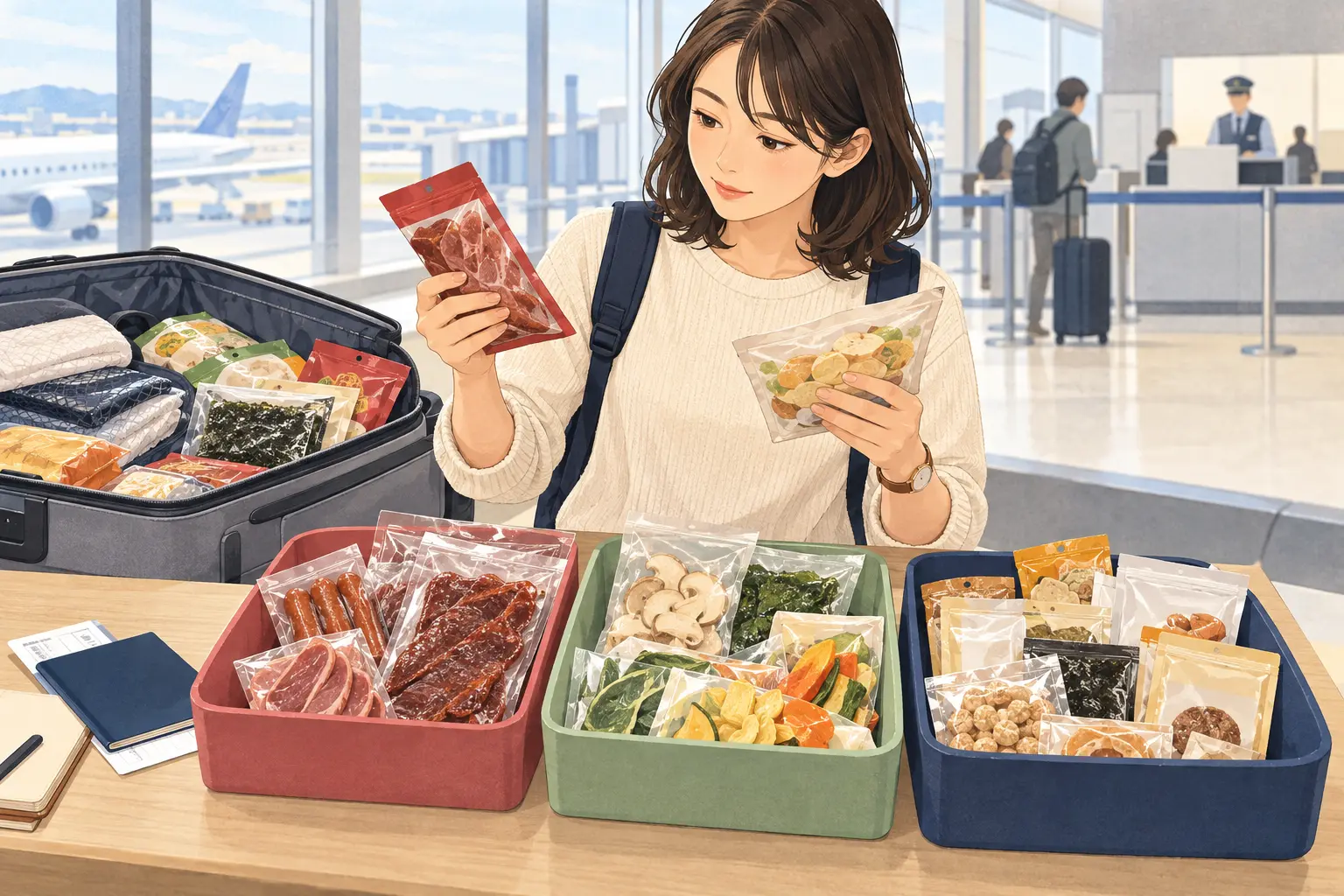 韓国のお土産食品を肉・植物・その他に分けて確認する旅行者の説明用イラスト