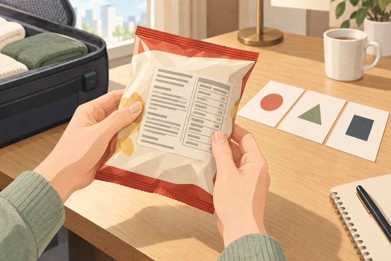 韓国食品のパッケージ裏面と原材料欄を確認する手元の説明用イラスト