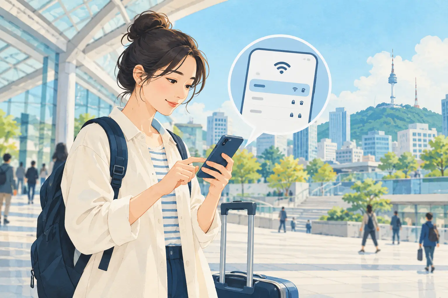 ソウルの公共Wi-Fiを確認する旅行者のAI説明用イメージ