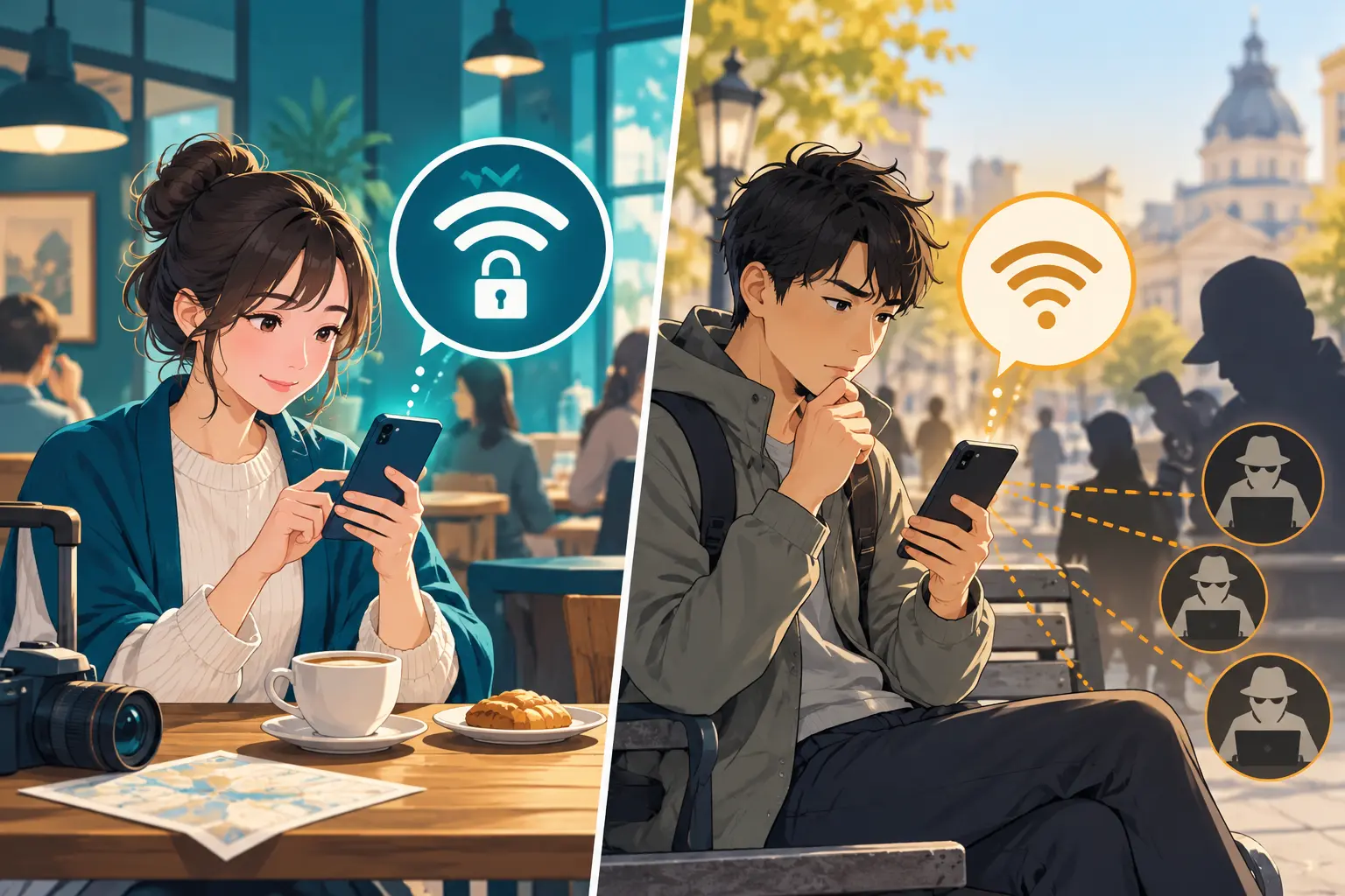 保護された公共Wi-Fiと開放型Wi-Fiを比較するAI説明用イラスト