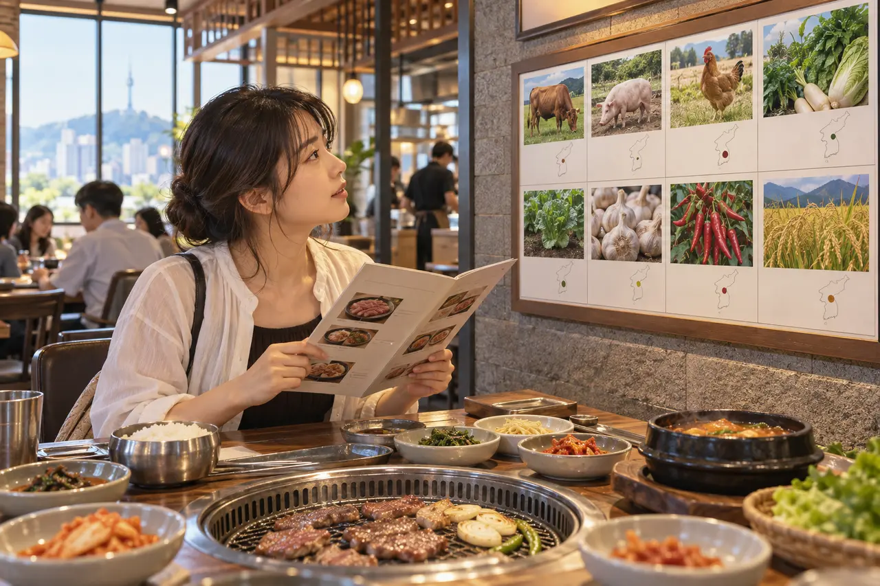 韓国の飲食店でメニューと原産地表示板を見比べる旅行者（説明用生成画像）