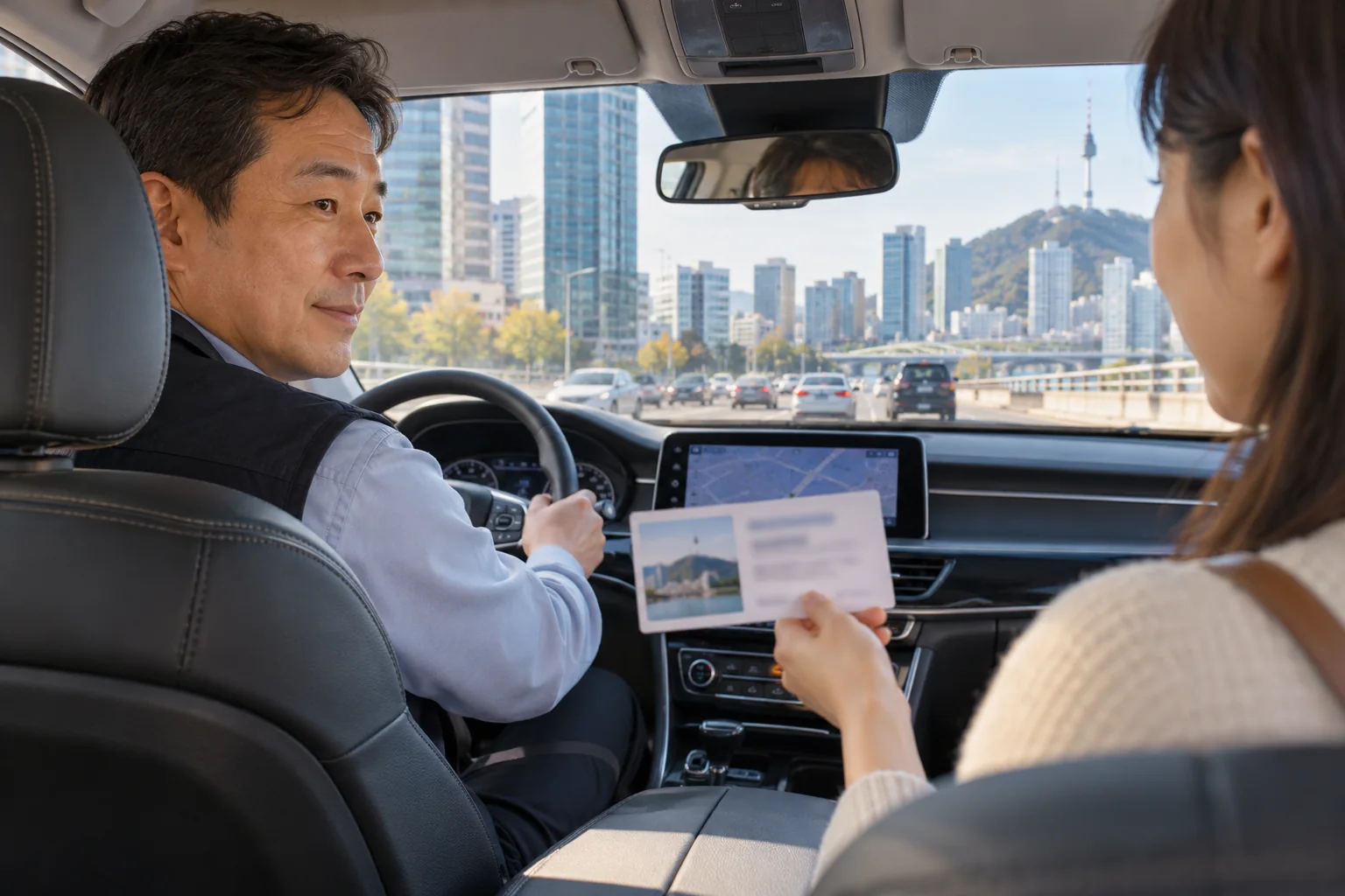 ソウルのタクシー車内で住所カードを運転手に見せる旅行者の説明用生成画像