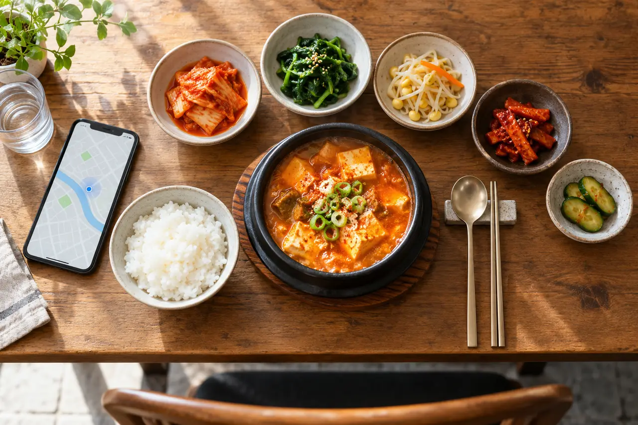 一人分の韓国料理と旅のメモを俯瞰したAI説明用イメージ
