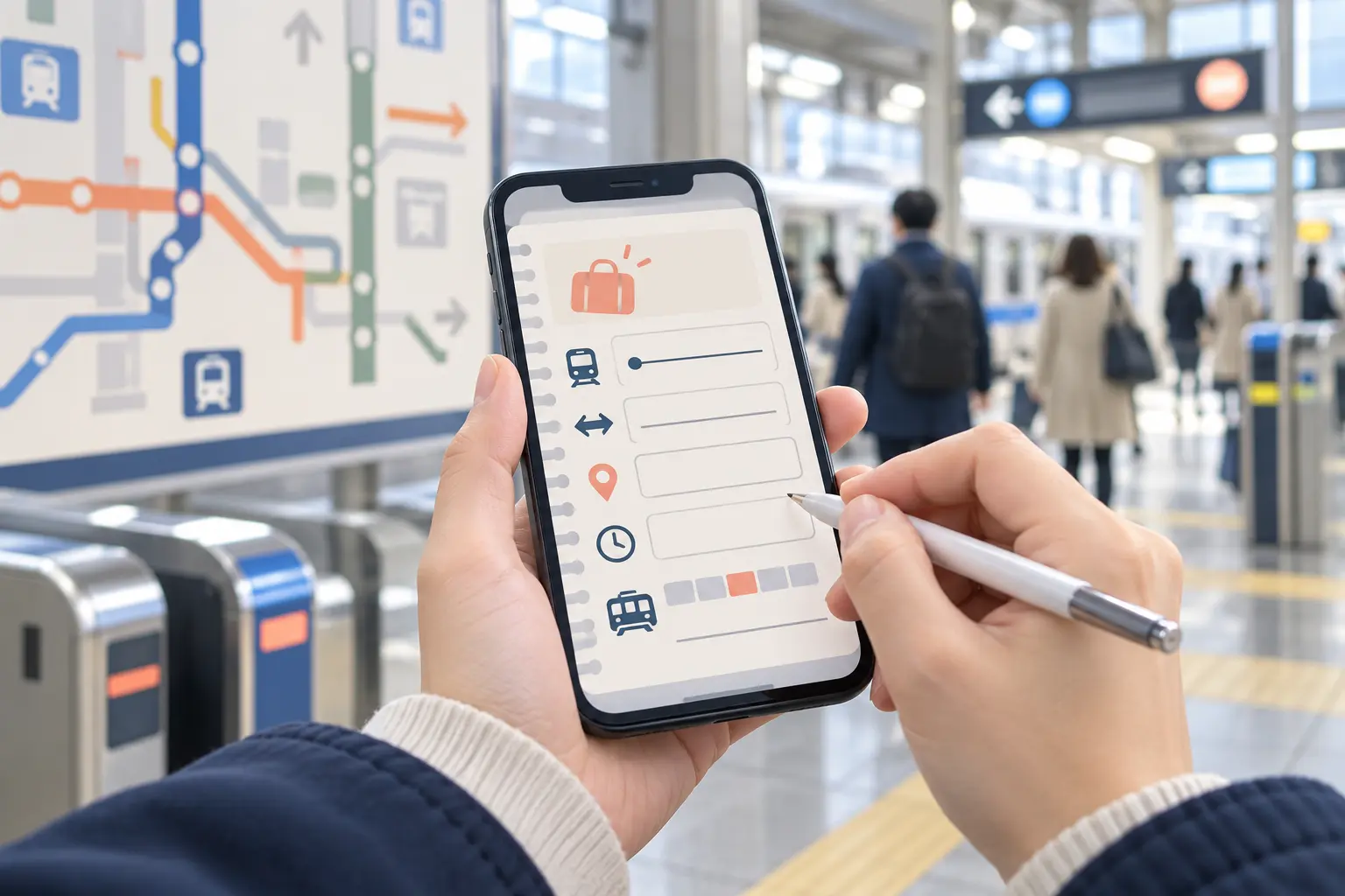 路線・方向・時刻・駅・車両位置・品物の特徴を記録するAI説明用イメージ