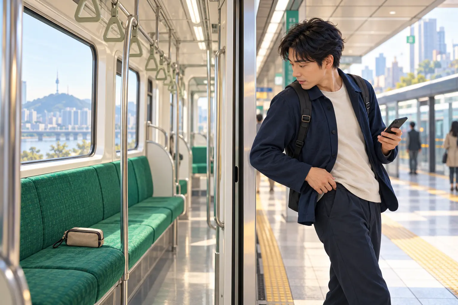 ソウル地下鉄で忘れ物に気づき駅員へ相談する旅行者のAI説明用イメージ