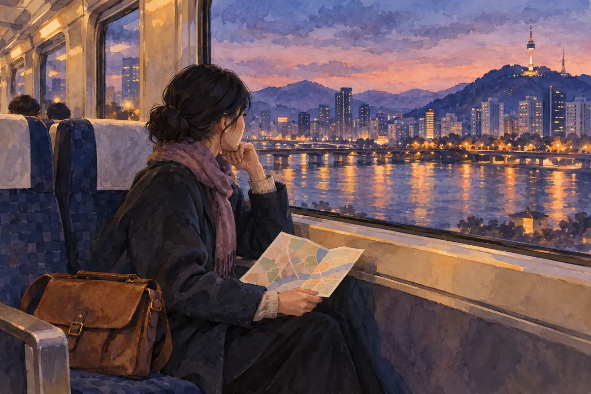 夜のお出かけ後の帰路を考える旅人（AI参考イラスト）