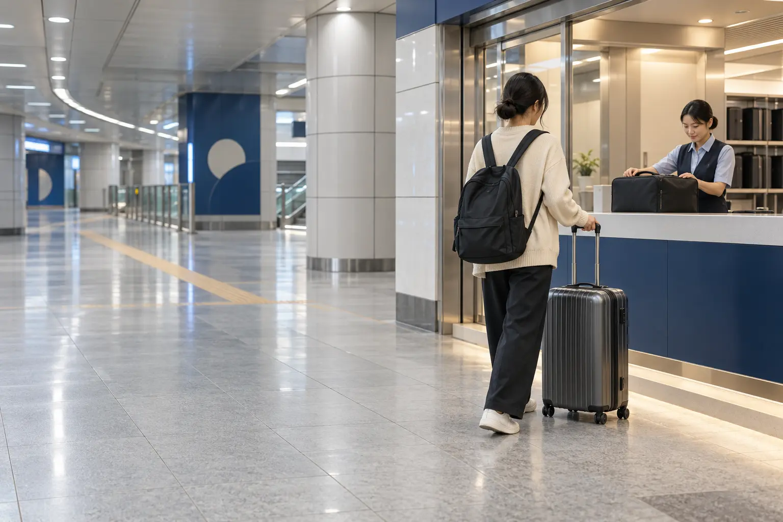 地下鉄駅の有人荷物カウンターへスーツケースを運ぶ旅行者の説明用イメージ