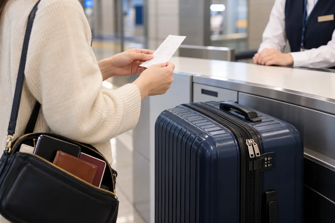受付票を確認し、貴重品を手元の小さなバッグに分ける旅行者の説明用イメージ